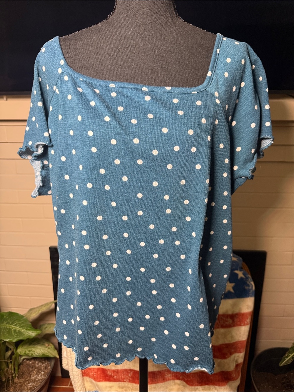 Lane Bryant Blue Polka Dot Square Neck Tee